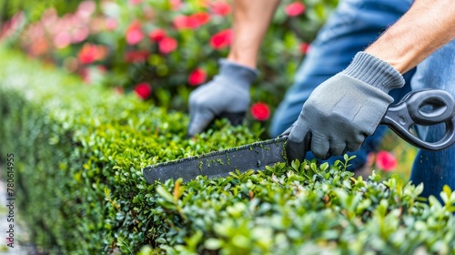 Skilled hands trim and shape lush garden hedges, creating a neat and orderly landscape with precision.