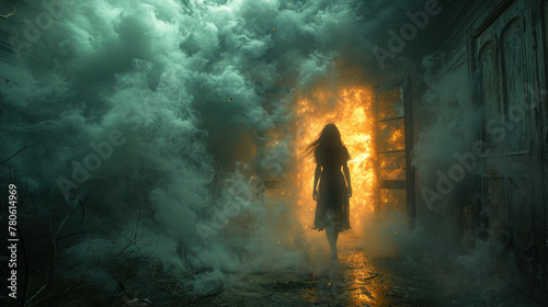 Silhouette of a woman in burning house - nightmare, bad dream concept © Kondor83