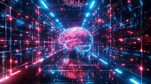 Bionic brain in digital virtual reality, futuristic science research concept