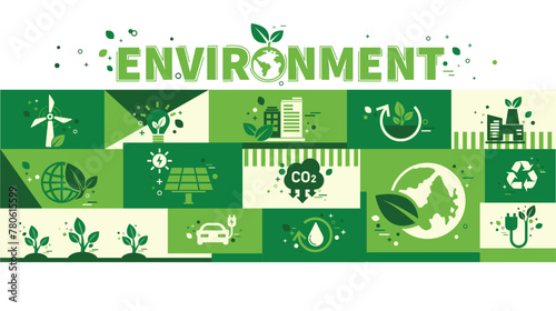 World environment and sustainable development concept with ecology icons and symbols on green background banner, vector environment, eco friendly, green technology isolated vector in flat style.