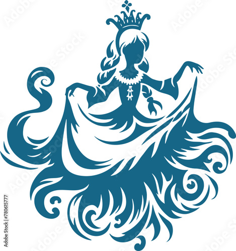 princess with a crown and in a fluffy dress in stencil vector art drawing