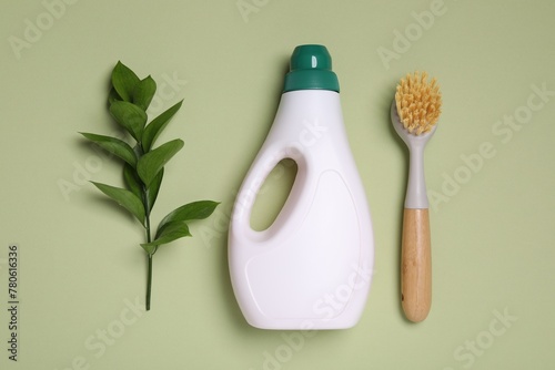 Bottle of cleaning product  brush and decorative branch on green background  flat lay