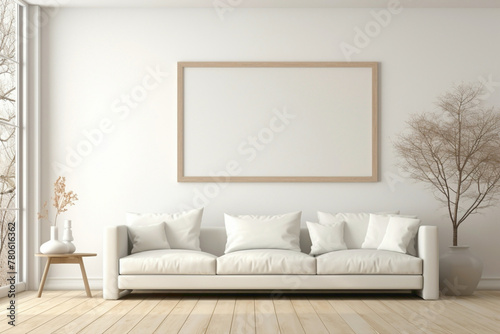 Pure white frame against beige and Scandinavian backdrop  hinting at a modern living room with plain walls  wooden floor  and a touch of nature.