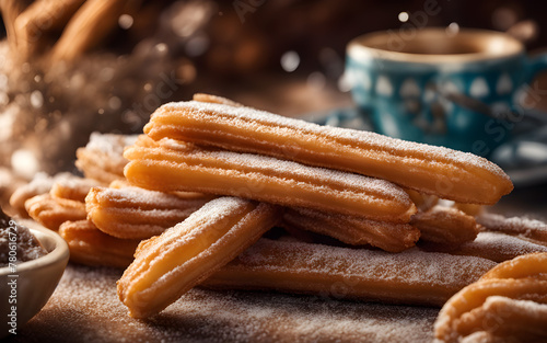 Spanish churros, sugar dusted, chocolate dip, vibrant, festive background