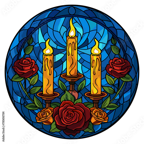 candles with roses round stained glass window