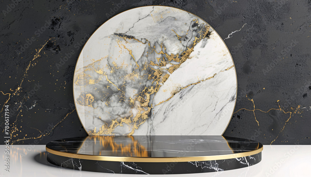 white and golden marble product podium display for advertising, luxurious marble with circular platform backdrop