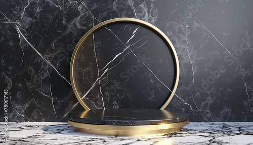 black and golden marble product podium display for advertising, luxurious marble with circular platform backdrop