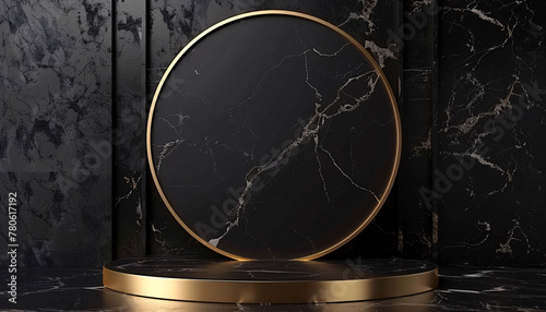 black and golden marble product podium display for advertising, luxurious marble with circular platform backdrop