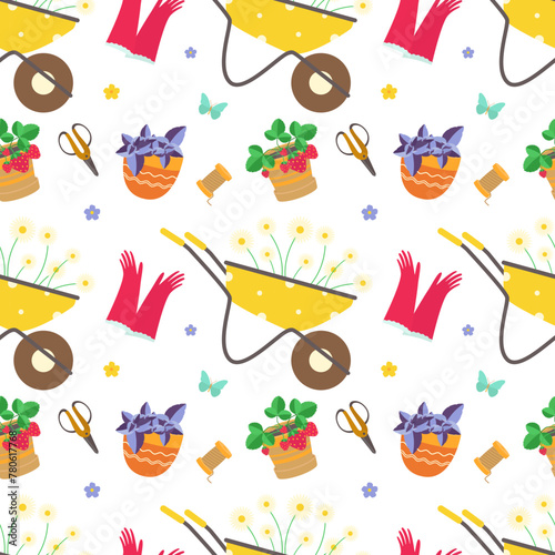 Gardening tools and plants seamless pattern, strawberry, pot, scissors, bucket, wheelbarrow, rubber gloves, rope, flowers on a light background.