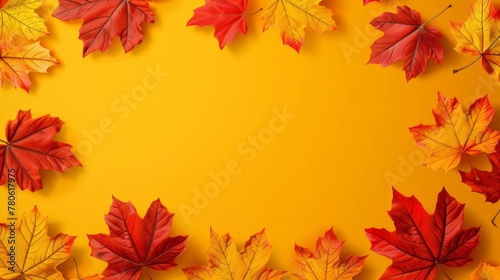 An yellow background decorated with lively maple leaves creates a warm and inviting atmosphere. Reminiscent of the cozy atmosphere of autumn. With plenty of space for text