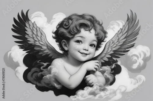 drawing of cute angel boy in vintage black and white style