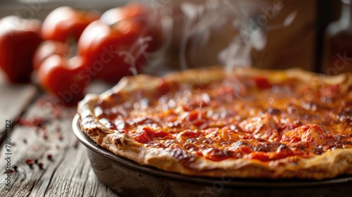 Freshly baked deep dish pizza in a pan with melting cheese and tomato sauce.