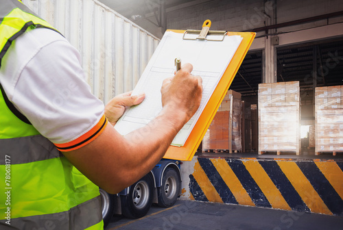 Worker Holds A Clipboard and Inspects A Package Loading Boxes at A Distribution Warehouse. Delivery Shipment to Customers. Supplies Warehouse Shipping, Freight Truck Logistic Transport.