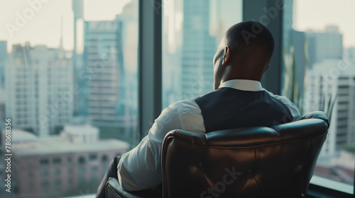 Confident serious focused stylish rich african black man sitting in chair at home looking away through window dreaming thinking of success, leadership, business vision, planning future in luxury life.