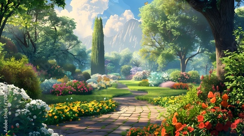 Tranquil Garden Oasis with Vibrant Flowers, Towering Trees, and Serene Walkways