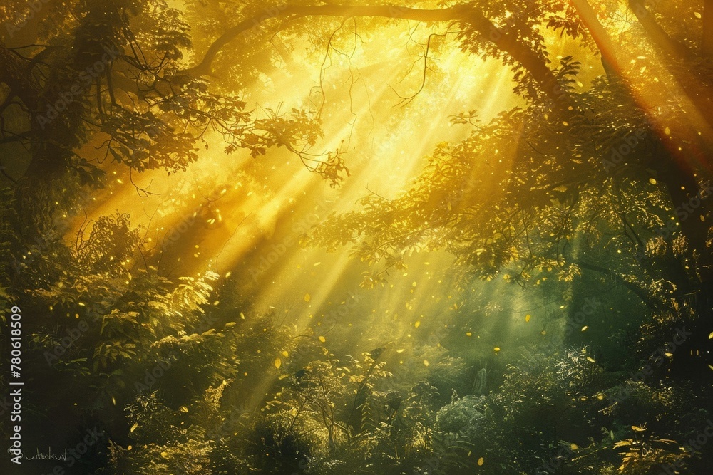 Forest landscape with golden sunlight filtering through