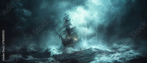 A pirate ship navigating turbulent waves under a dark and ominous sky, with lightning striking in the distance ,3DCG,high resulution,clean sharp focus photo