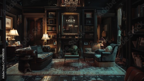 Vintage interior design with eclectic decor, patterned textiles, and ambient lighting