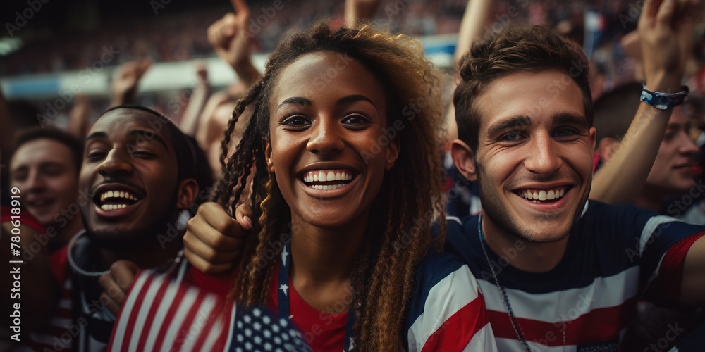 Active happy fans with American flags watch the team play during the Olympic Games, Championship. Active happy fans with American flags watch the team play during the Olympic Games, Championship.