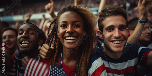 Active happy fans with American flags watch the team play during the Olympic Games, Championship.