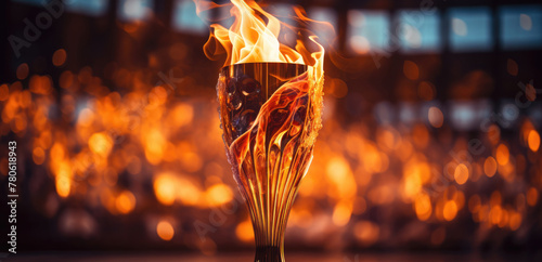 Cup with fire against the background of the stadium. Symbol of the Olympic Games. Olympic Games 2024. France. Paris