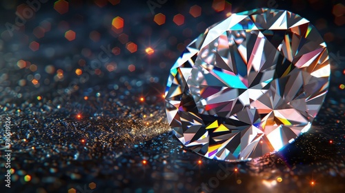  A close-up of a shiny, intricately cut diamond on a dark background.  photo