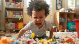 Photograph of mixed-race toddler, 2-3, smashing a toy, scene of destruction, angry demeanor, parent magazine content, vivid detail.