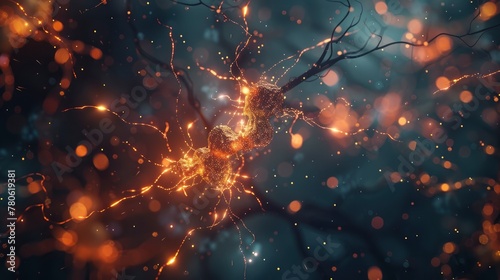 A vibrant, detailed illustration of an active neurons network with glowing bullseye-like structures and bright sparks against a dark background photo