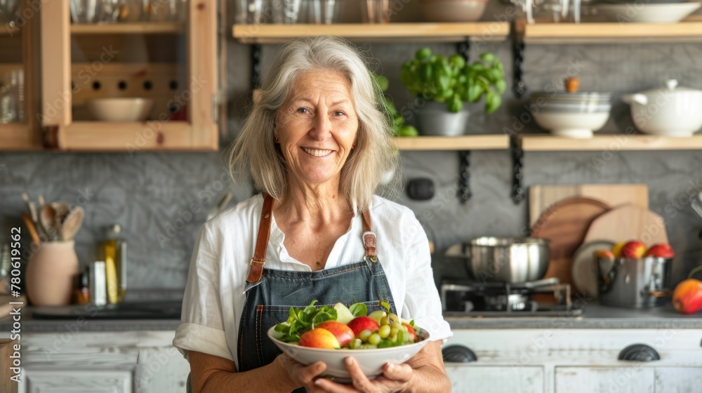 Elderly woman holding a bowl of fresh salad in a modern kitchen.