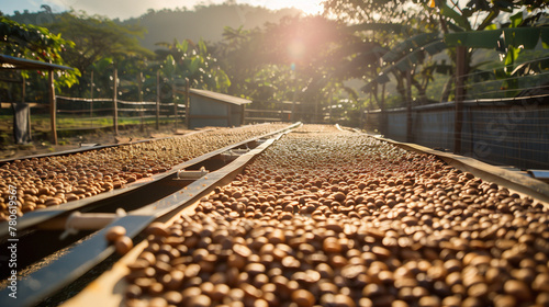 Coffee beans drying in the sun, a natural and traditional method captured in a scene that highlights the beans' transition from green to rich, dark brown as they bask under the golden sunlight photo