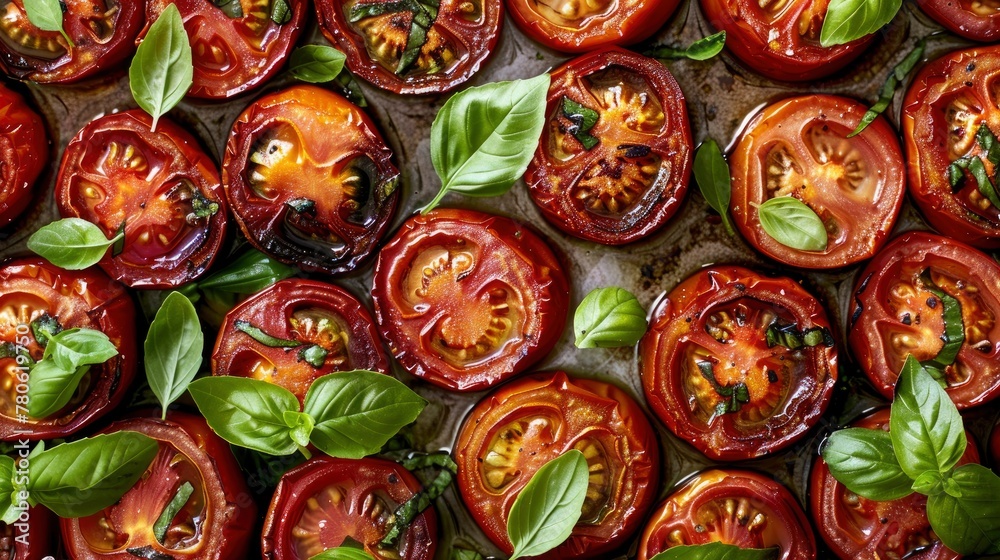 A vibrant display of baked tomatoes were arranged in an intricate pattern on the kitchen counter. The slices had a glossy texture and slightly darkened edges from roasting