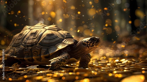 Digital gold coin turtle dream scene poster background
 photo