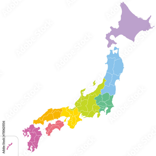 日本の47の都道府県、島を省略したシンプルな日本地図、地方ごとに色分け