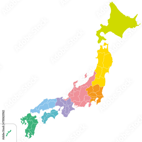 日本の47の都道府県、島を省略したシンプルな日本地図、地方ごとに色分け photo