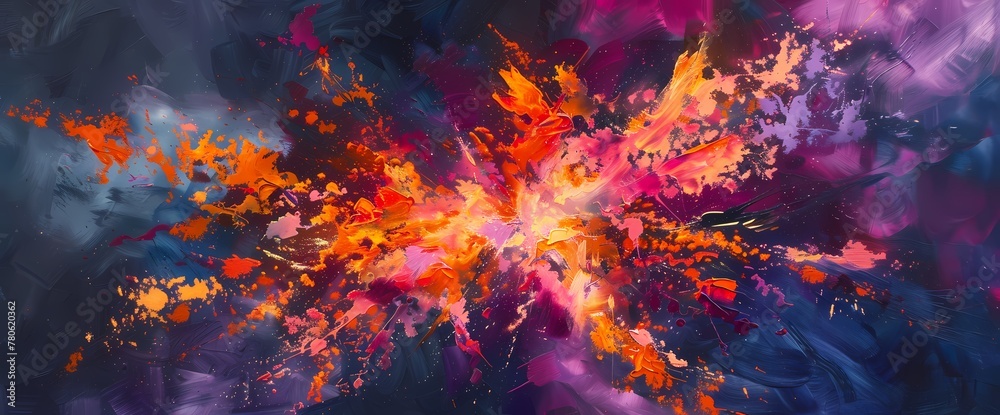 A burst of fiery orange and magenta hues colliding in a vivid explosion of energy against a deep indigo backdrop.