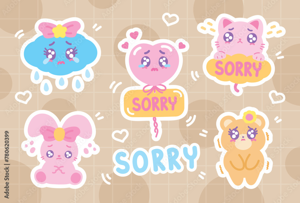 cute kawaii style hand drawn cartoon graphic element vector set in feeling sorry concept