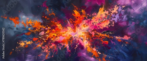 A burst of fiery orange and magenta hues colliding in a vivid explosion of energy against a deep indigo backdrop. 