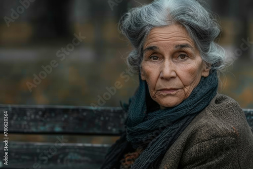 Emotive portrait of a senior european woman with silver hair, wrapped in a deep blue shawl. Solidute in ages, sad and sorrowful photo