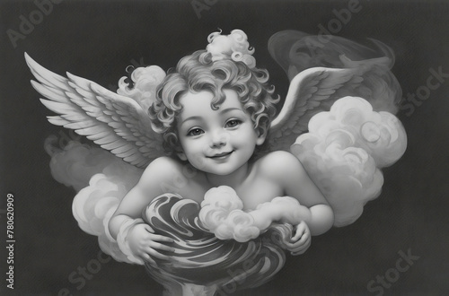 drawing of cute angel girl in vintage black and white style