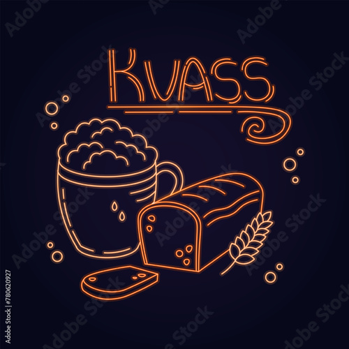 Black bread kvass in neon color isolated on black background.