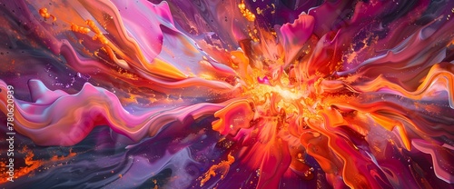 A burst of fiery orange and fuchsia erupts, creating an abstract spectacle of vivid liquid artistry." © Hamza