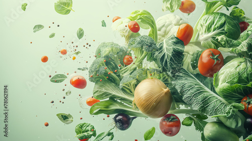 Crisp and fresh assortment of various vegetables captured mid-air with dynamic water splashes