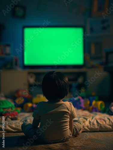 Rear view Asian child, engaged with green-screen TV, playthings all around, focused shot, dimly lit living space.