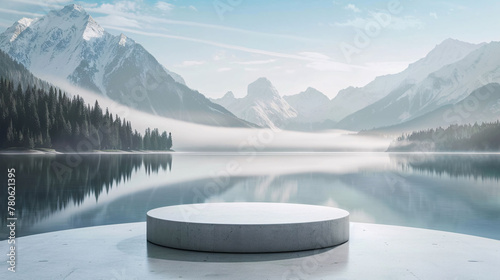 product podium display presentation with lake and snow mountains background for advertising