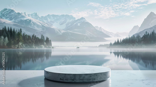 product podium display presentation with lake and snow mountains background for advertising