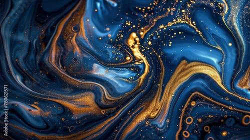 Abstract blue and gold liquid background with swirls of paint, creating an artistic pattern. Style raw stock photo in the style of social media banner for instagram styles, photo