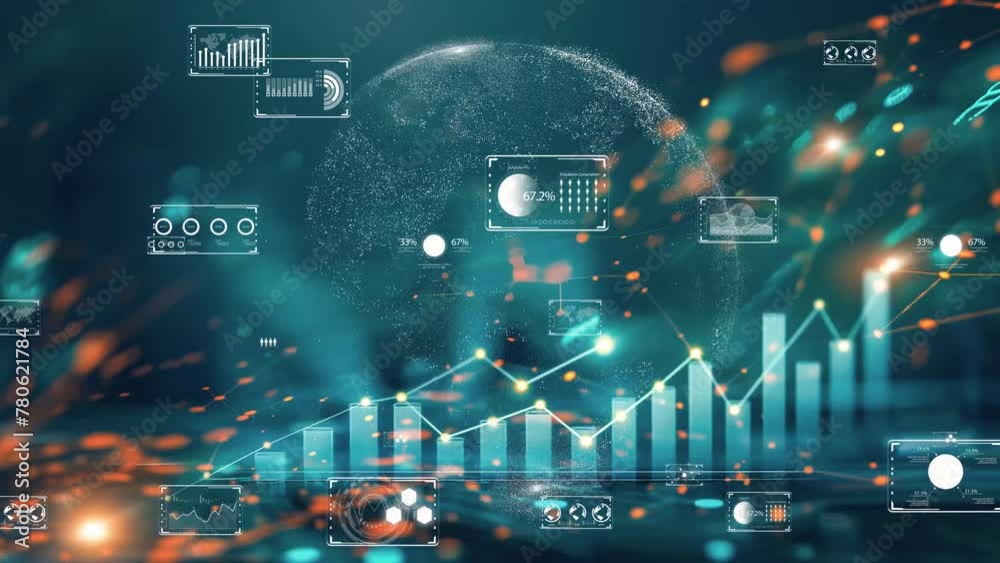 Digital economy visualized with rising graphs and currency, techno-financial environment.