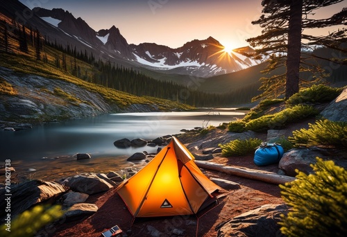 illustration, outdoor adventure camping gear nature enthusiasts, backpack, backpacking, campfire, cooking, equipment, flashlight, forest, map, portable, survival, wildlife, camp