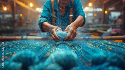 By the original weavers of indigo cotton. elderly women spin natural colorful threads or yarn in their traditional community in the province photo