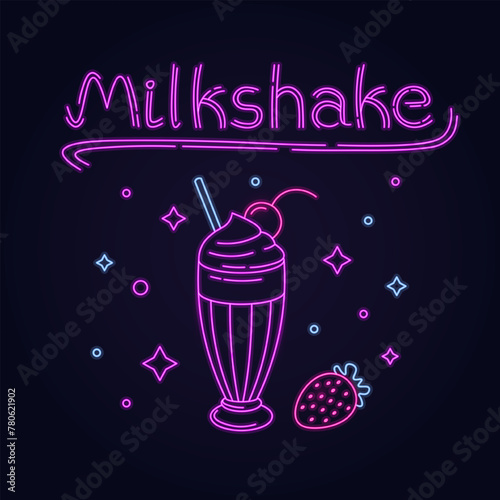 Neon retro milkshake cocktail with strawberries isolated on black background.